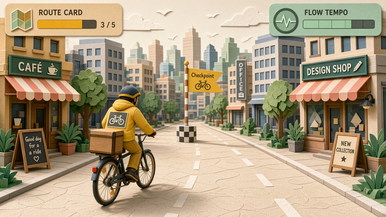 Fold Runner approaching a cafe Checkpoint on a Route Card in Paper District